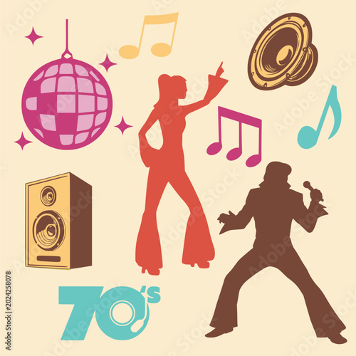 Tableau sur toile Vintage music and dance party flat design set