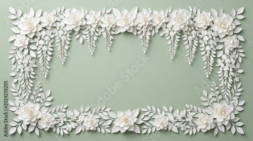 Cascading White 3D Paper Cut Wisteria Garland Border on Soft Sage Mint Green Background