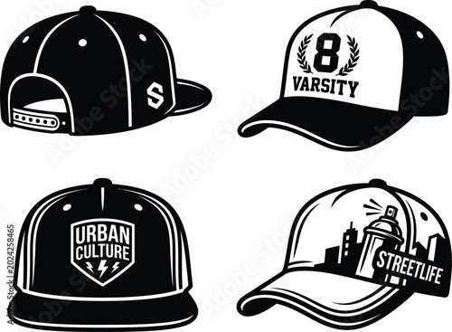 Quadro su tela Collection of four proficient vector illustrations featuring trendy snapback and baseball cap designs in black ink