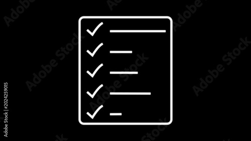 A simple line drawing depicts a checklist with five check marks indicating completed tasks. document clipboard icon.