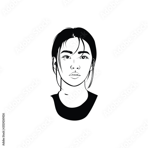 Black and white Asian Woman Line Art Vector Illustration