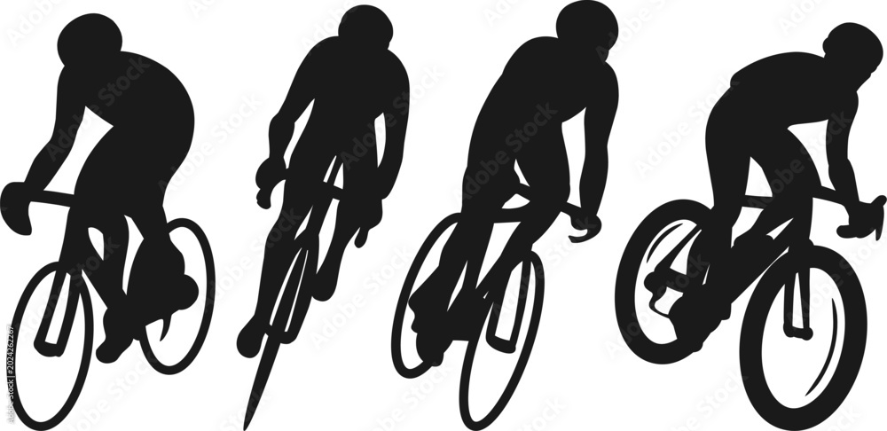 Obraz premium Silhouette set of professional cyclists in a road race.dynamic bicycle riders competing in a criterium match