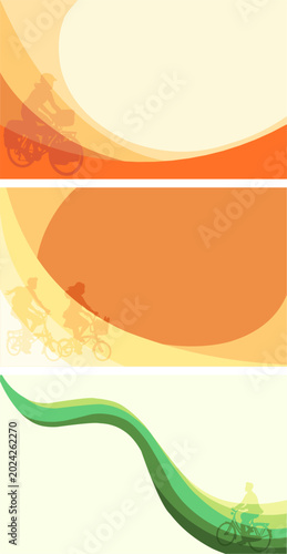 Urban cycling banner set featuring casual cyclists with trail bike, folding bike, and commuter bike. Modern landscape backgrounds with abstract curved shapes, layered shading copy space area for text