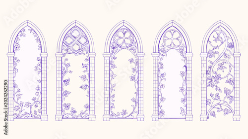 Foto five purple line art gothic arches with floral details