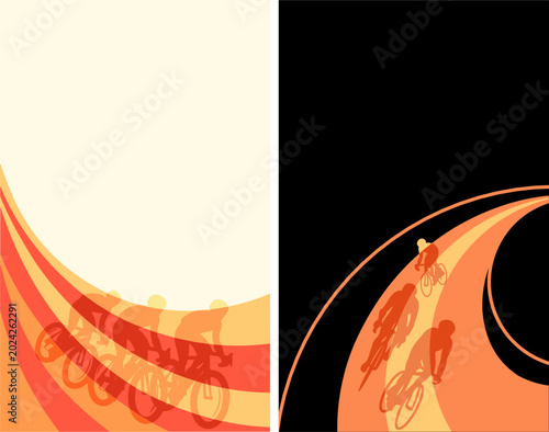 Cycling race portrait background set with stylized cyclist silhouettes on dynamic curved paths.Minimalist road race and criterium event and copy space available.