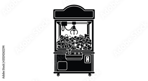 Claw machine silhouette vintage arcade game with plush toys isolated vector illustration