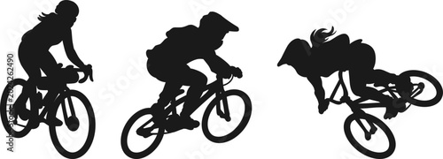 Photos illustration of cyclists featuring mountain bike rider, BMX freestyle stunt performer, and extreme BMX racer