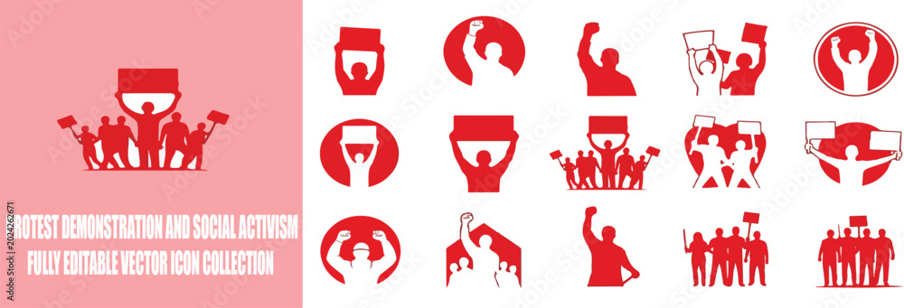 Αυτοκόλλητο Protest demonstration and social activism icon collection, red silhouette people