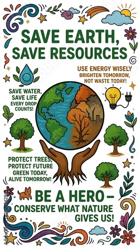 Environmental conservation poster with Save Earth Save Resources text, hand drawn ecology illustration with planet earth and trees, sustainability awareness graphic for nature protection