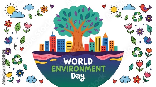 World Environment Day banner with colorful hand drawn tree and city skyline. Eco friendly sustainability concept with nature elements, recycling symbols, flowers