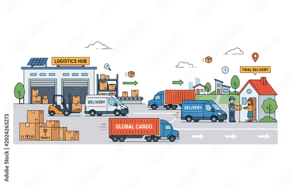 Fototapeta premium Minimal warehouse and delivery vector illustration, courier boxes and transport elements, simple flat design, clean modern composition, plain background, business logistics concept