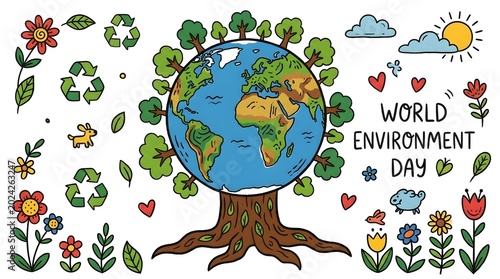 World Environment Day hand drawn doodle set, eco friendly earth globe tree with recycling symbols and flowers, sustainable nature conservation concept collection for green awareness isolated PNG