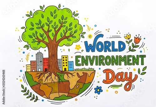 World Environment Day illustration with large green tree and urban city skyline on planet earth. Eco friendly sustainability concept for global conservation awareness and nature protection.