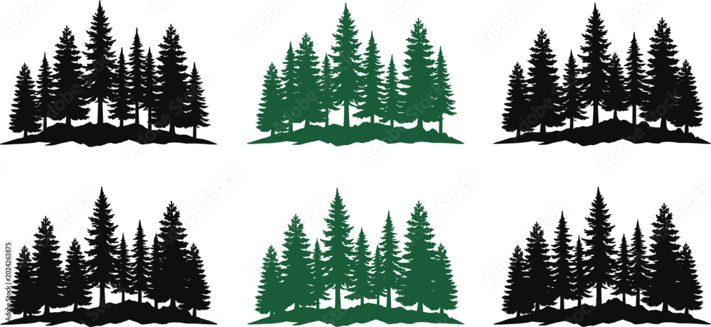 Obraz premium Silhouettes of Evergreen Tree Groups with Green and Black Coniferous Designs for Nature and Landscape Illustration