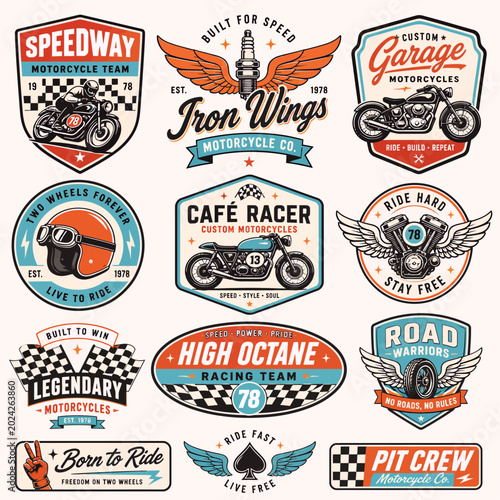 A collection of vintage-style motorcycle club badges and racing team emblems featuring bikes, helmets, engines, and retro typography.