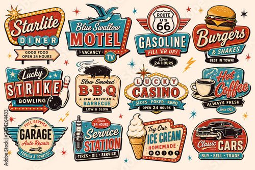 A collection of retro American roadside signs for various businesses like diners, motels, and garages, featuring a vintage distressed aesthetic.