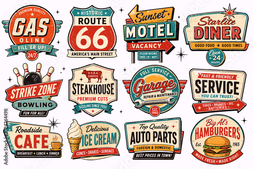 A collection of retro American roadside signs featuring vintage gas stations, motels, diners, bowling alleys, steakhouses, garages, cafes, and auto parts businesses.