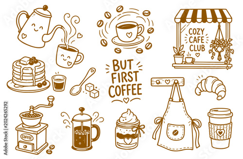 Coffee Set  naive Doodle Outline Icon Vector Illustration