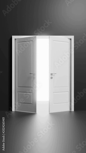 Bright white light filters through two open doors, symbolizing new beginnings, opportunities, and transformation. Ideal for inspirational content and concepts.