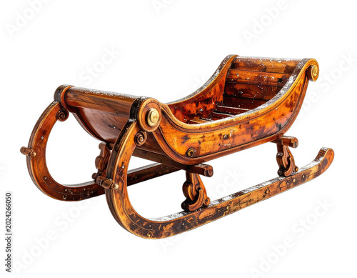 A vintage wooden sleigh adorned with snow sits against a black background.