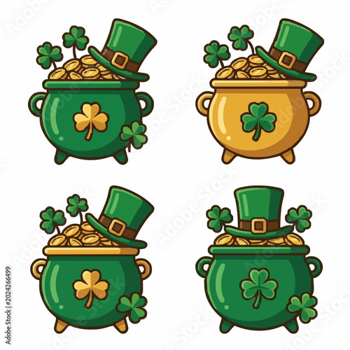 Vibrant St. Patrick's Day pots of gold, lucky shamrocks, and leprechaun hats artwork, symbolizing Irish prosperity