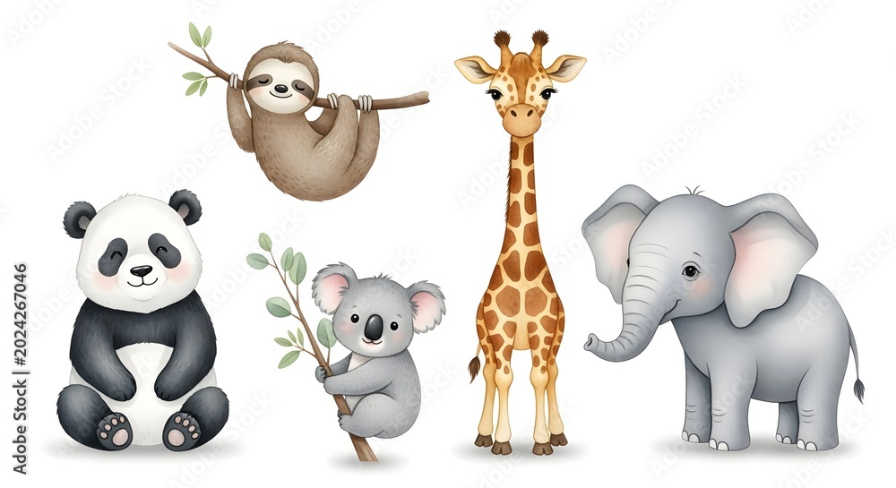 Fototapeta premium Cute Watercolor Baby Animals Collection for Kids.
