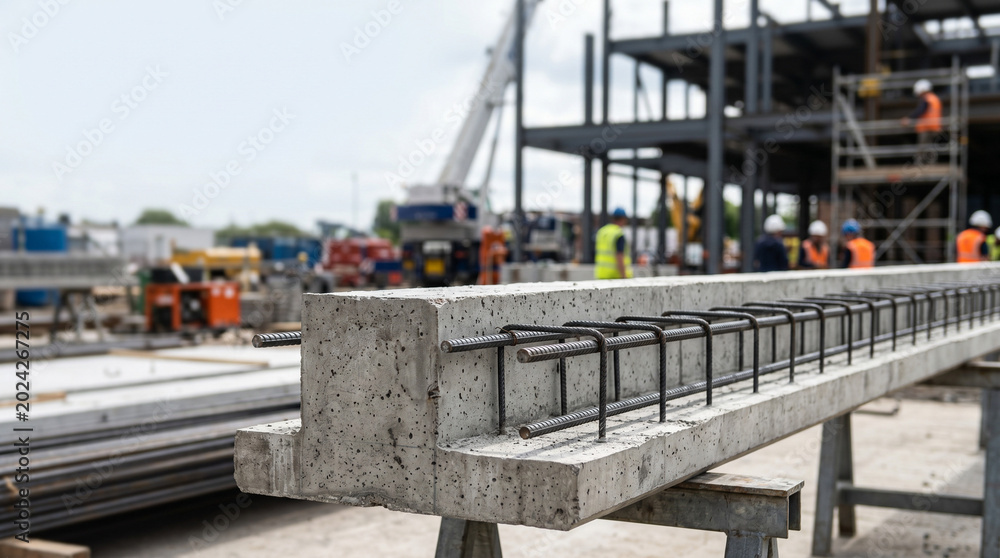Naklejka premium Reinforced concrete beam with steel rebar in construction site under bright daylight