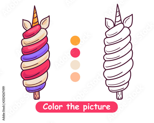 Unicorn ice cream coloring worksheet for kid education. cute printable activity page with outline drawing for preschool, kindergarten, classroom and creative learning
