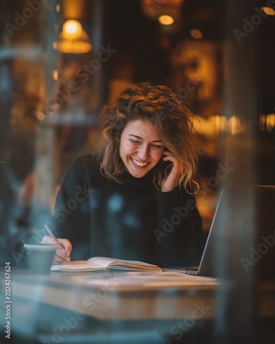 A young woman with curly hair smiles while talking on the phone and writing in a notebook, sitting in a cozy cafe with warm lighting.