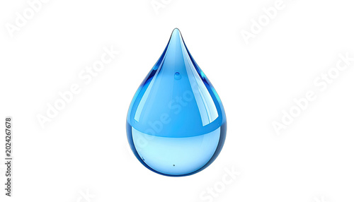 A translucent blue water drop hangs suspended against a black background, with reflections visible on its surface.