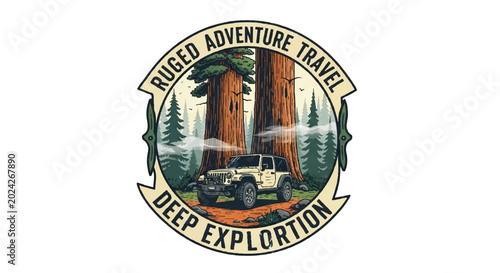 Rugged Adventure Travel Badge Design with Off Road Vehicle and Giant Redwood Trees.