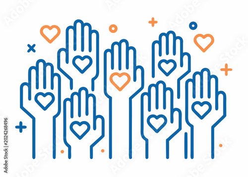 hands reaching up with hearts line drawing illustration