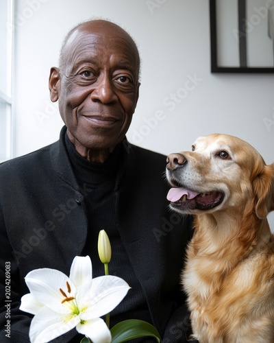 Elderly Black Man with Deep Wrinkles Holding White Lily Alongside Happy Dog in Indoor Setting