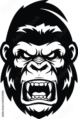 Foto Black and white gorilla head with aggressive expression