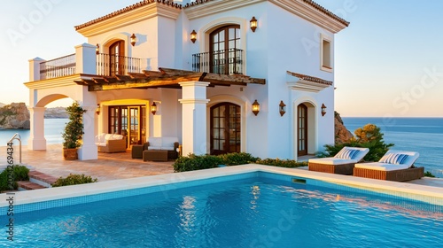 Luxury andalusian style villa with swimming pool offering panoramic sea views at golden hour, a dream vacation