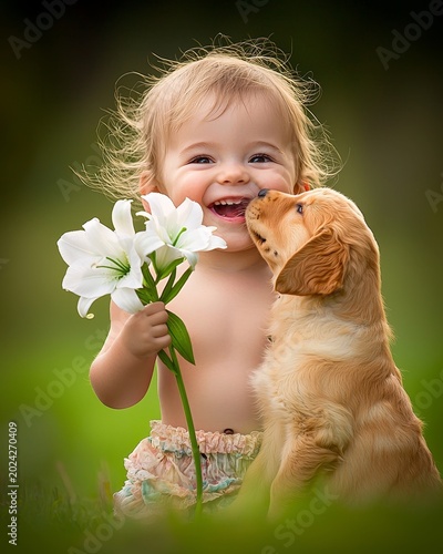 Joyful Child with Light Brown Skin Smiling with a Puppy and Holding a Flower in the Park