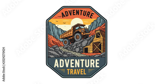 Vintage adventure travel badge with off-road truck illustration.