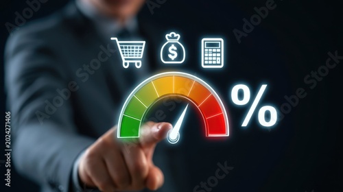 Businessman pointing at colorful percentage gauge with shopping cart money bag and calculator icons illustrating financial growth calculation concept