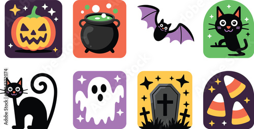 Tableau sur toile Halloween Flat Icon Set Featuring Jack O Lantern Pumpkin Witch Cauldron Ghost Bl