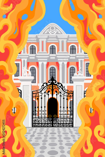Secret garden gate wrapped in golden ivy, royal folkloric illustration, symmetry, vibrant jewel tones, sharp vector art. 1