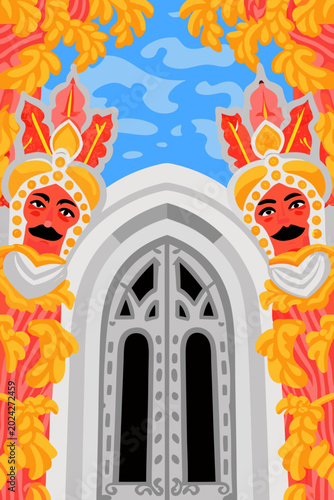 Secret garden gate wrapped in golden ivy, royal folkloric illustration, symmetry, vibrant jewel tones, sharp vector art.