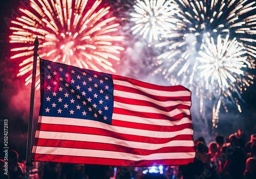 American Flag Waving with Fireworks Display on 4th of July Celebration