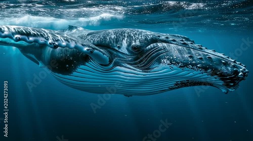 beautiful humpback whale in the ocean, majestic humpback whale underwater scene, graceful humpback whale in deep blue sea