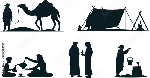 Foto Desert Caravan Silhouette Icon Set Featuring Camel, Bedouin Tent, Campfire, Snak