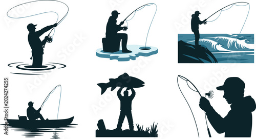 Canvas Print Fishing Silhouette Vector Icon Set Featuring Fly Fishing, Ice Fishing, Boat Fish