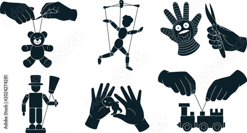 Photos Puppet and Toy Making Silhouette Icon Set Featuring Marionettes, Hand Puppets, W