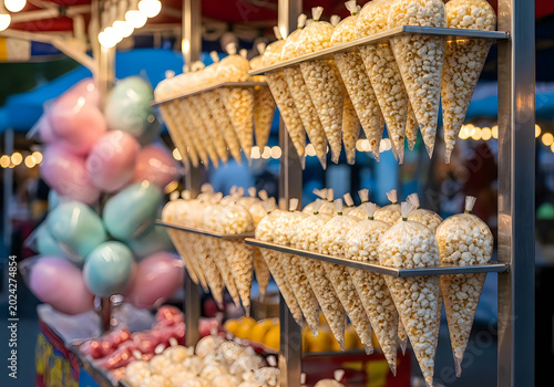 Rows of white popcorn cones on metal shelves at outdoor fair stand with colorful balloons
