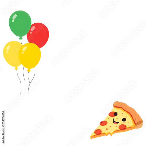 Happy pizza slice with colorful balloons
