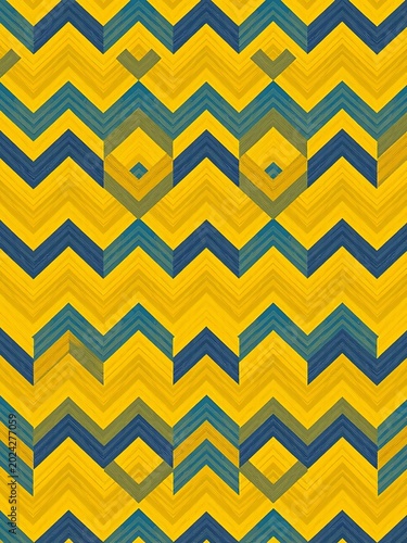 Interconnected yellow and blue chevrons create a dynamic pattern, cutwork, chevrons