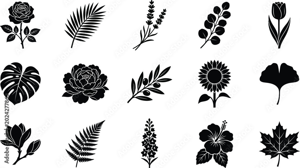 Obraz premium Black silhouettes of various flowers and leaves on white background